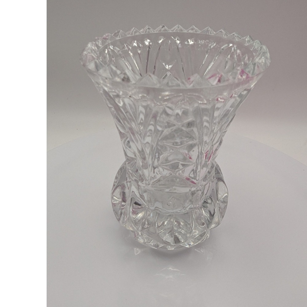 Vintage Crystal Fluted Sawtooth Rim Bud Vase 4" Geometric Pattern Round